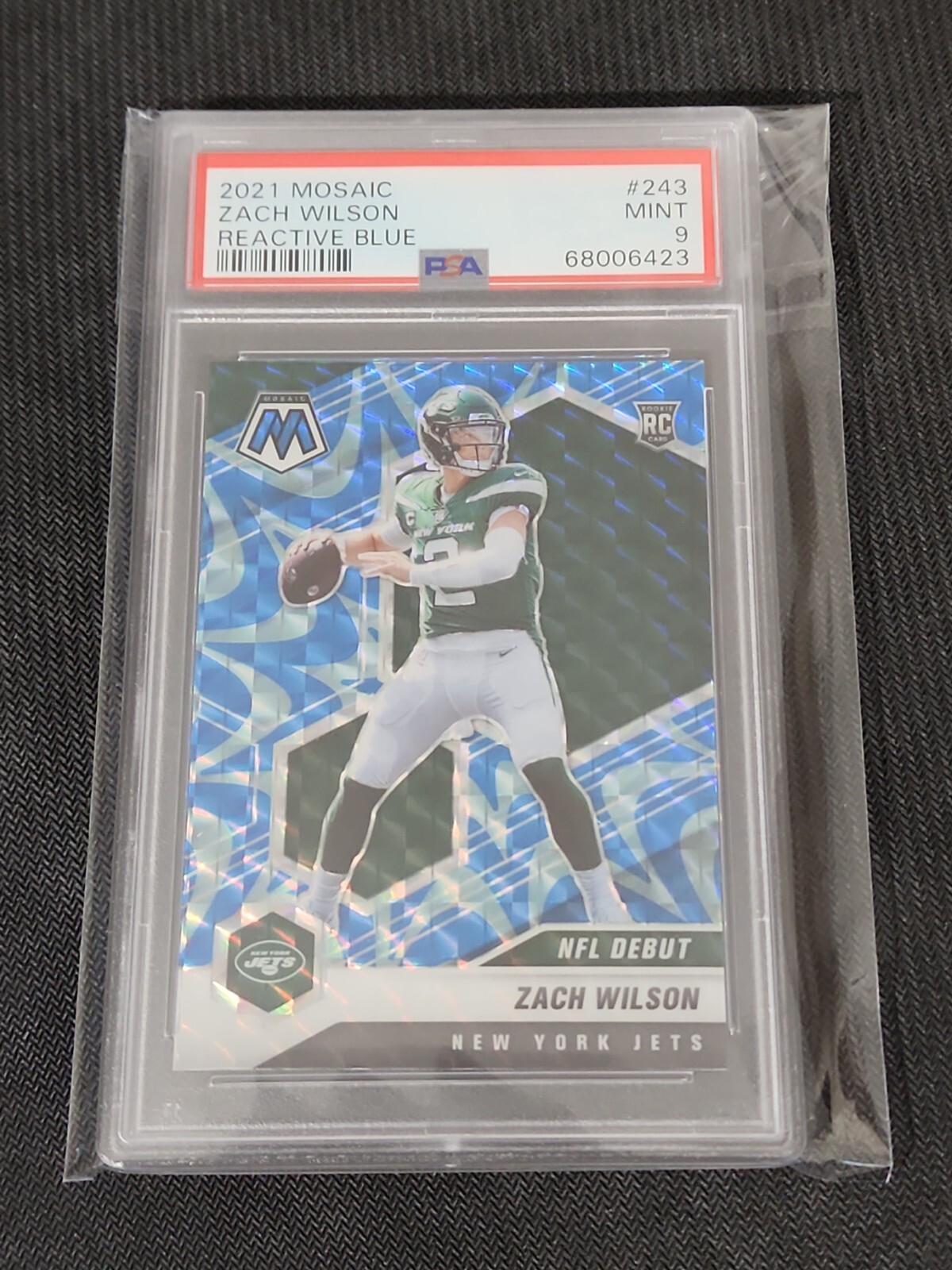 2021 Mosaic Zach Wilson NFL Debut Reactive Blue Prizm Rookie RC #243 PSA 9 Jets
