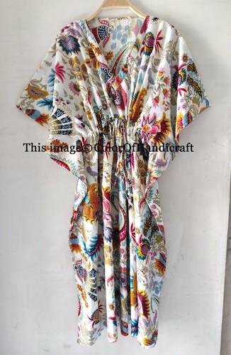 Indian Cotton Floral Printed Long Kaftan Dress White Caftan - Picture 1 of 4