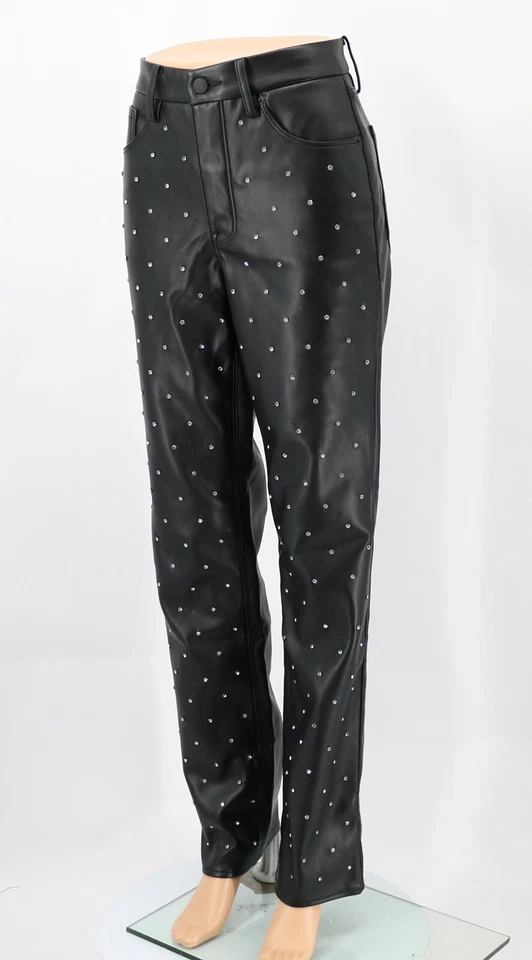 GOOD AMERICAN GOOD ICON CRYSTAL FAUX LEATHER STRAIGHT TROUSERS US4 UK8 RRP£178