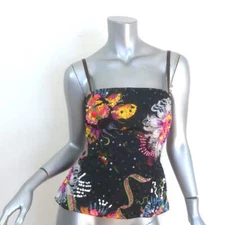 Cynthia Rowley Leather-Tie Sequined Top Black Floral Print Satin Size Small NEW