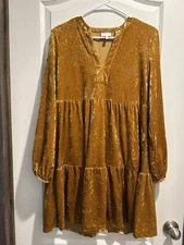 The Get Mustard Golden Womens Sz M Boho Cottagecore Babydoll Dress