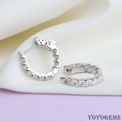 Moissanite Inside Outside Hoop Earrings 3 Carat Round Cut Solid 14K White Gold - Picture 4 of 11