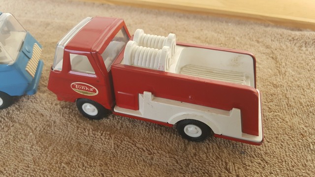 Tonka Fire Truck Red Pressed Steel #55250 & Tonka Stack Truck Blue