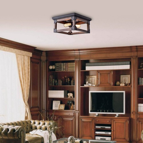 Rustic Flush Mount Ceiling Light Fixture 2-Light Metal and Solid Wood Square New - Picture 9 of 9