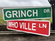 Set Of 2 GRINCH  Who Ville Metal Christmas Street Signs decor 3  x12   NEW