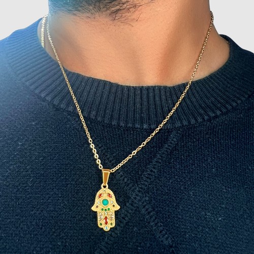 18K Gold Hamsa Hand Necklace 20" Jewish Hand of Miriam | Islamic Fatima Evil Eye - Picture 9 of 11