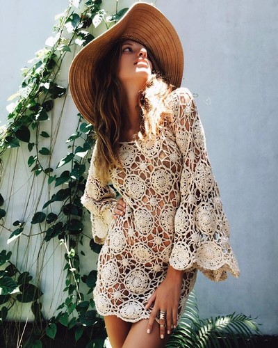 Crochet Swimwear Mesh Beach Dress Long Sleeve Bikini Cover up Summer Beachwear - Picture 12 of 15