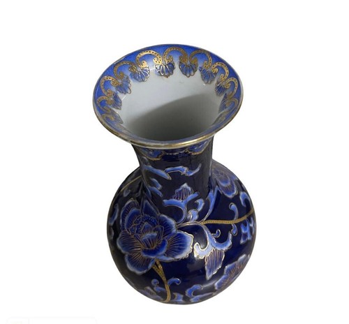 Vintage chinesische Vase blau und gold Porzellan Blumen bemalt schöne Wohndeko - Bild 5 von 5