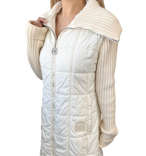 CHANEL Sport Vintage 00A CC Logo Long Puffer Jacket #40 Zip Cream Silver Nylon - Picture 2 of 11