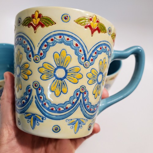 Dutch Wax Mugs (3) Hand Painted Blue Yellow Floral Medallions Coastline Imports - Picture 20 of 24