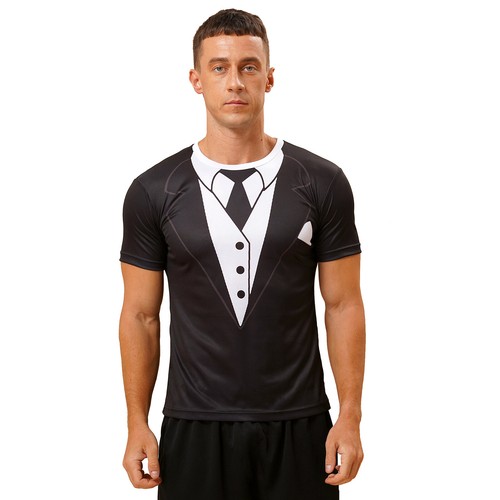 Men 3D Print Fake Tuxedo Gentleman Suit Short Sleeve T Shirt Bowtie Vest AU - Picture 56 of 107