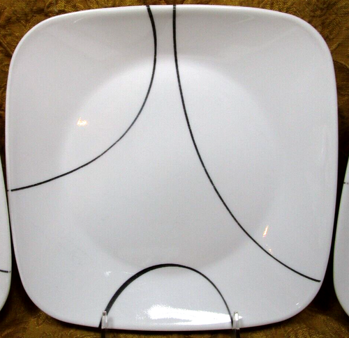 3 Corelle by Corning USA - Simple Lines 9" square luncheon plates -white w/black - Picture 2 of 3
