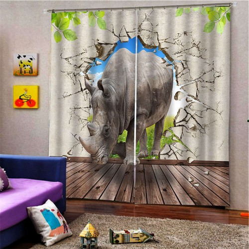 Grey Rhinoceros Smash Wall Tree Printing 3D Blockout Curtains Fabric Window - Bild 2 von 8