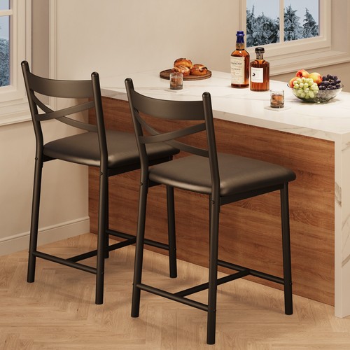 Bar Stools Set of 2 w/Footrest & Upholstered & Backrest for Counter Bar Black - Picture 6 of 6