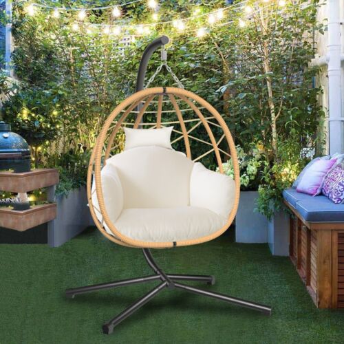 Hanging Egg Chair Outdoor Patio Wicker Chair with Stand UV Resistant Cushions - Picture 11 of 87