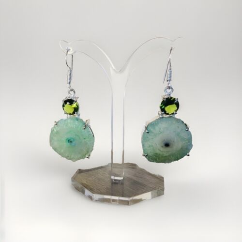 Green Solar Quartz & Peridot Crystal Handcrafted earrings - Silver Plated-New - Picture 2 of 3