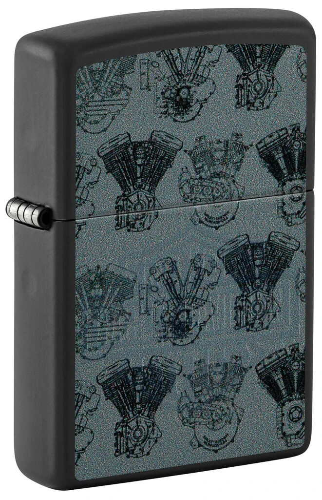 Zippo 48600, Harley Davidson Motorcycles Black Light Design, Черная матовая зажигалка