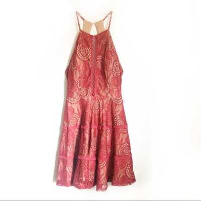 Jodi Kristopher Red Lace A Line Open Back Halter Dress