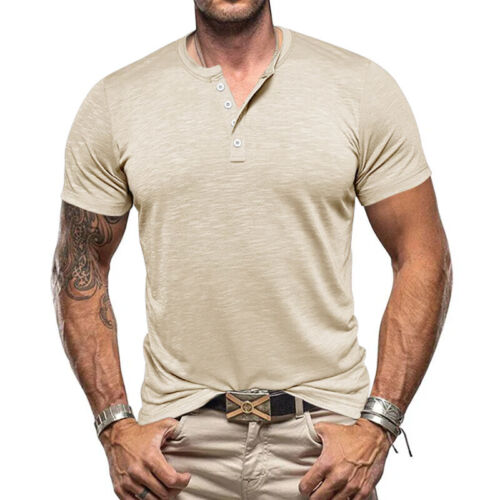 Men's Henley Grandad T Shirts Bamboo Tee Summer Short Sleeve Casual Loose Tops - Picture 29 of 32