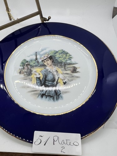 ANTIQUE JKW WESTERN GERMANY VICTORIAN WOMAN DINNER PLATE COBALT BLUE RIM 10 1/2" - Picture 6 of 6