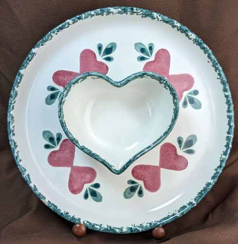 Vintage Chaparral Pottery Sponge Painted Heart Design Shape Chip & Dip Server - Picture 1 of 10