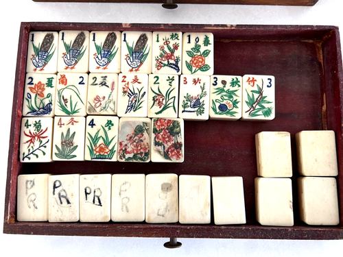 Vintage Mahjong Tiles (157) Dovetail Bamboo/Oxen/Bovine Bone in Wood Box - Picture 4 of 15