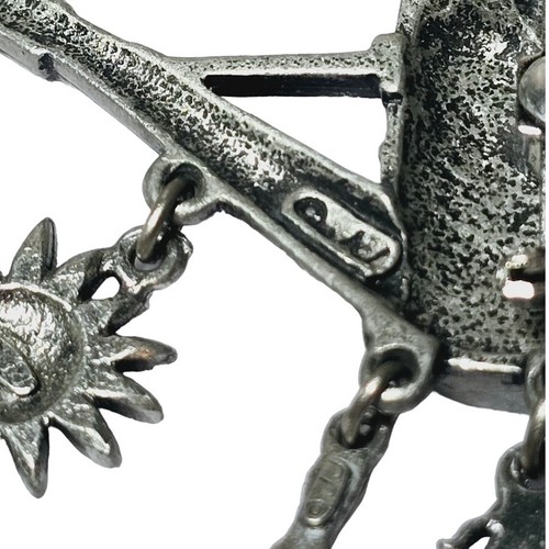 "JJ" Jonette Vintage Silver Pewter Gardening ~ Watering Can Charms Brooch Pin - Picture 3 of 6