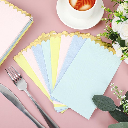 100 Pack Pastel Napkins 4 x 8 Inch Scalloped Cocktail Napkins with Gold Foil ... - Picture 4 of 7