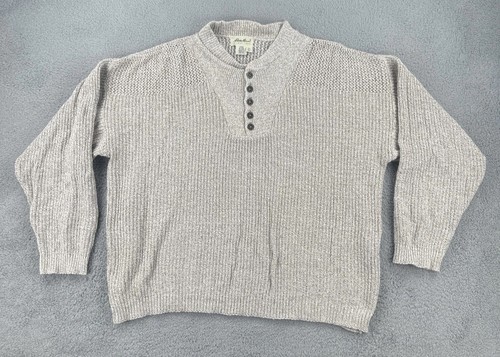 Vintage Eddie Bauer XL Beige Henley Sweater Made In USA Chunky Cable Knit