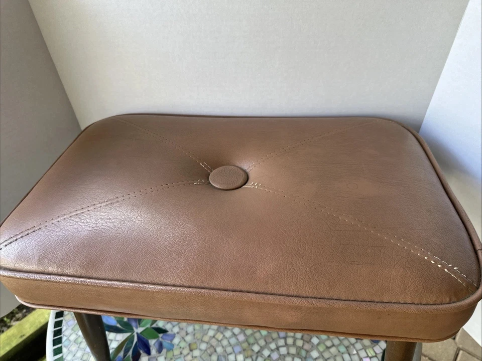 Vintage Retro MCM Brown Vinyl Footstool Bench Wood Legs 21”X14”X13” - Image 2 of 4