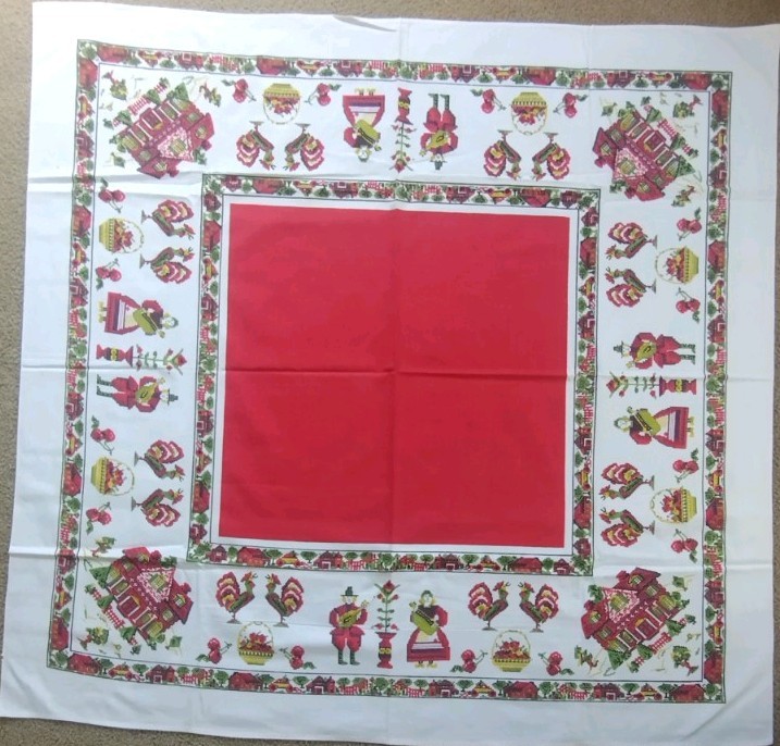 Vintage Pennsylvania Dutch Tablecloth Heavy Cotton People Roosters Home
