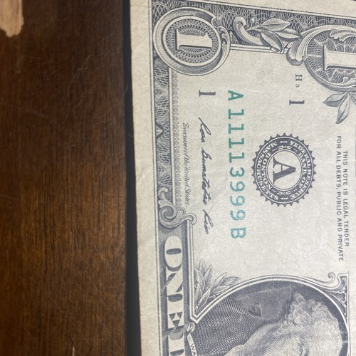 2009 One Dollar Federal Reserve Note - Fancy Low Trinary Serial Note 11113999 - Picture 3 of 7