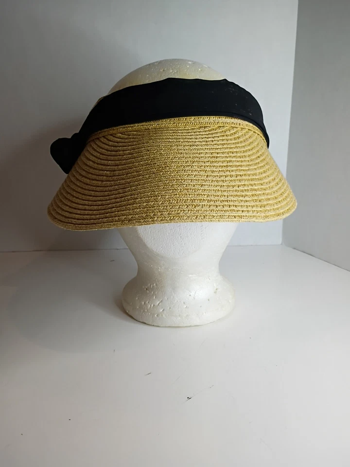Visera elástica para mujer Scala rafia paja lazo negro ala de 4" vacaciones festival  Foto 4 de 4