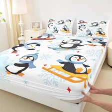 Merry Christmas Theme Fitted Sheet,Winter Snowflake New Year Sheet Set for Ad...