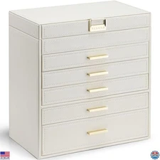 Large 6 Layer Jewelry Box Organizer for Necklaces, Rings, Bracelets - Beige