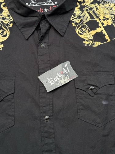 Camisa Rock 47 Para Hombre Extra Grande Negra Estrás Occidental Flor de Lis Manga Larga - Imagen 6 de 8