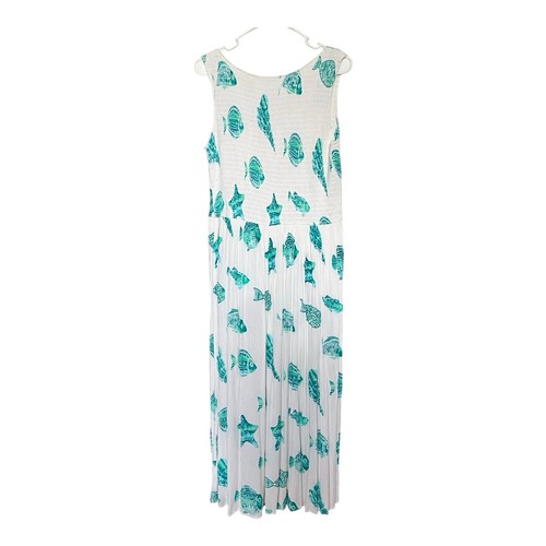 Kaktus Maxi Dress L Sea Life Print White Aqua Smocked Boho Summer Beach Resort - Picture 3 of 5
