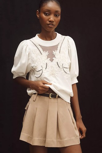By Anthropologie Puff-Sleeve Embellished Elbow-Sleeve Sweatshirt Top M 281653