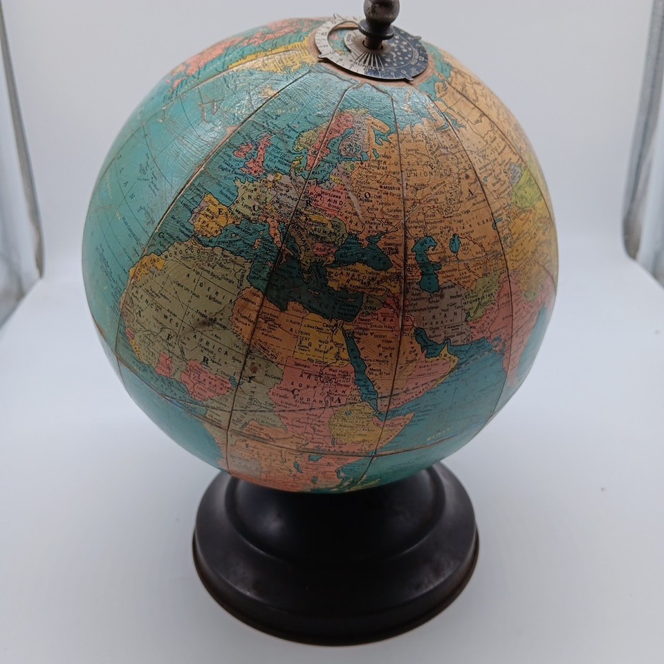 Vintage 1930s World Globe w/ Sunrise Sunset Time Dial Pre-WWII Metal Base