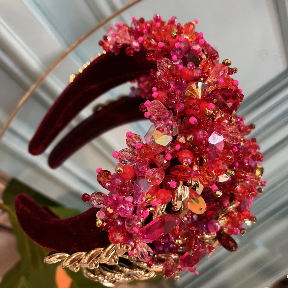Hermosa diadema hecha a mano borgoña/rojo/rosa/oro/terciopelo - ¡solo artista! Foto 2 de 4