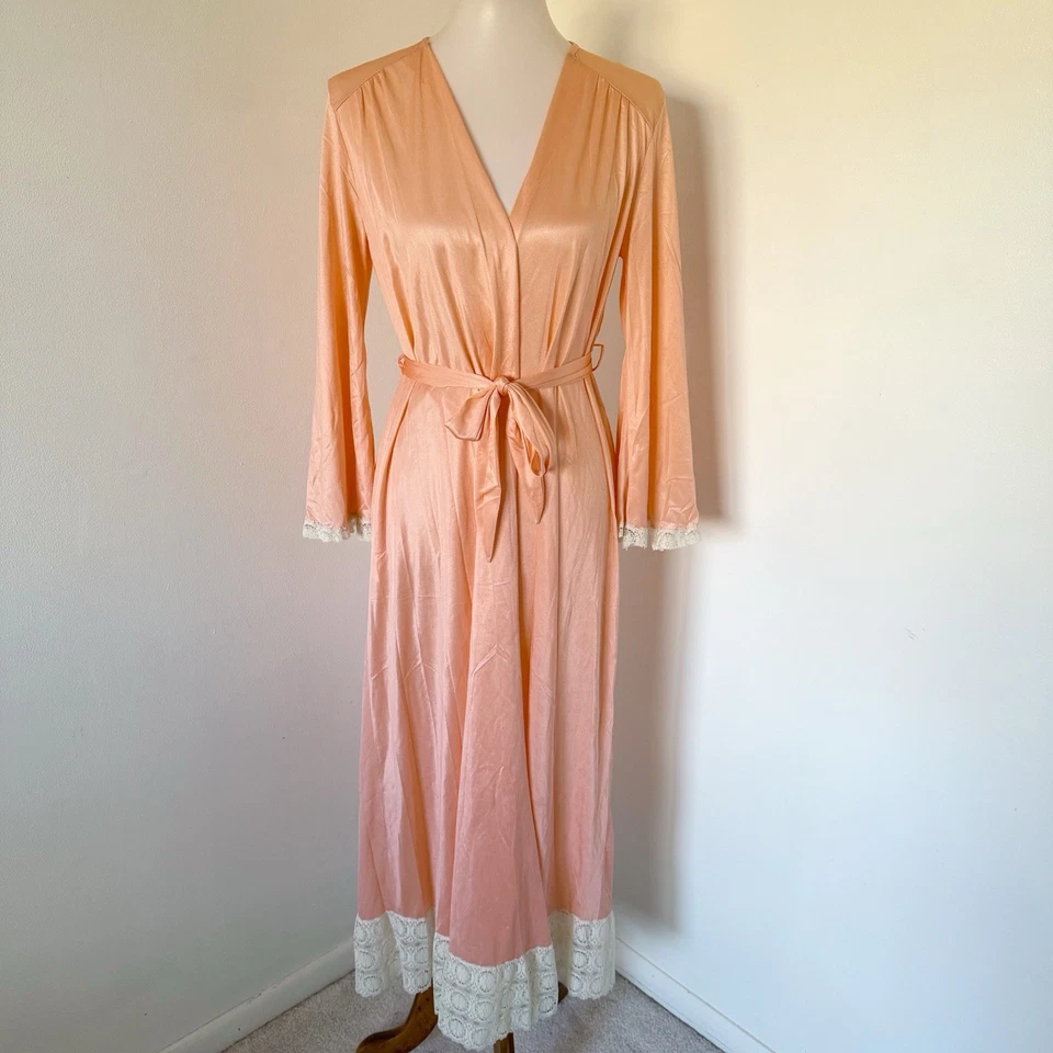 Vtg Lace Trim Robe Womens L Long Sleeve Nylon Elegant Lingerie Orange Coral Belt - Image 2 of 4