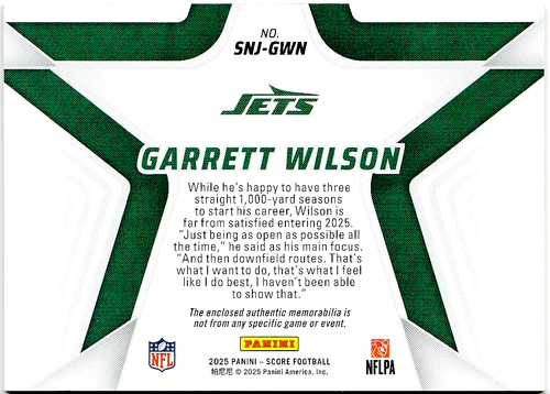GARRETT WILLSON - 2025 SCORE - STARS OF THE NFL - MEM JERSEY #ed /100 - NY JETS - Bild 2 von 2