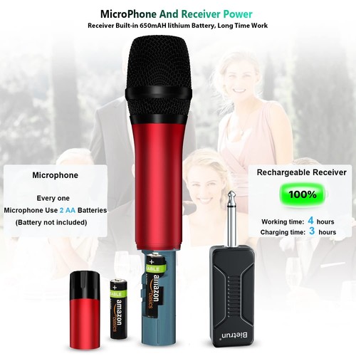 Wireless Microphone, Uhf Metal Dynamic Handheld Karaoke Mic, Rechargeable Rec... - Picture 4 of 7