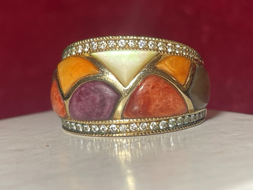 ANILLO BANDA DIAMANTES Y PIEDRAS MÚLTIPLES ORO 14K SIGNO DISEÑADOR KABANA 11 GRAMOS - Imagen 12 de 21