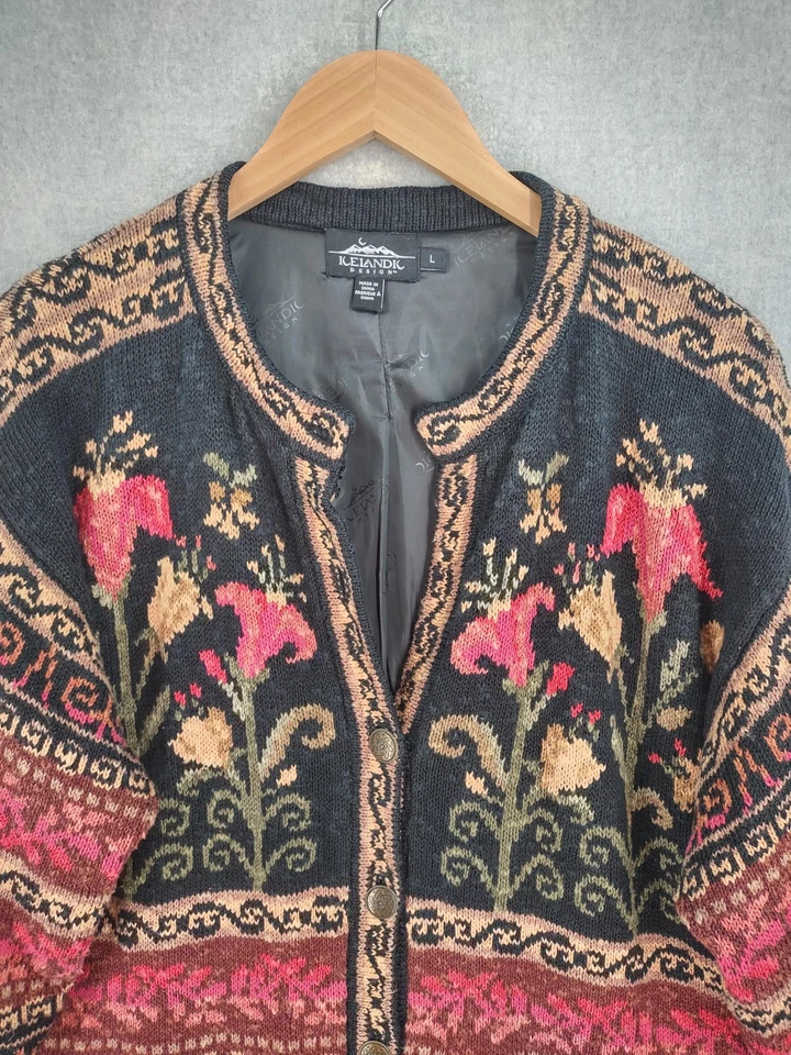 Исландский дизайн свитер куртка женщин большой черный красный с подкладкой цветочный богемное вязание - Изображение 3 из 4