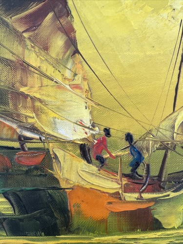WS Chiang Original Oil on Canvas Mid-Century Modern Sailing Junk Painting - Picture 7 of 11