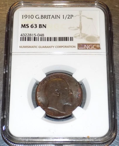Great Britain Edward VII 1910 1/2 Penny MS63 BN NGC England 1/2P UNC Coin