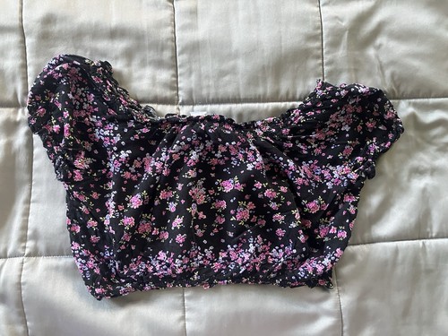 H&M Divided Black Floral Crop Top Size 14 - Picture 4 of 11