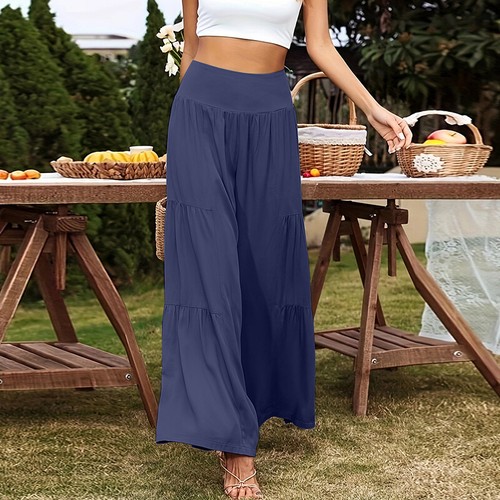 Women Summer Trousers Ladies Elastic Waist Loose Wide Leg Beach Pants Palazzo* @ - Picture 30 of 31