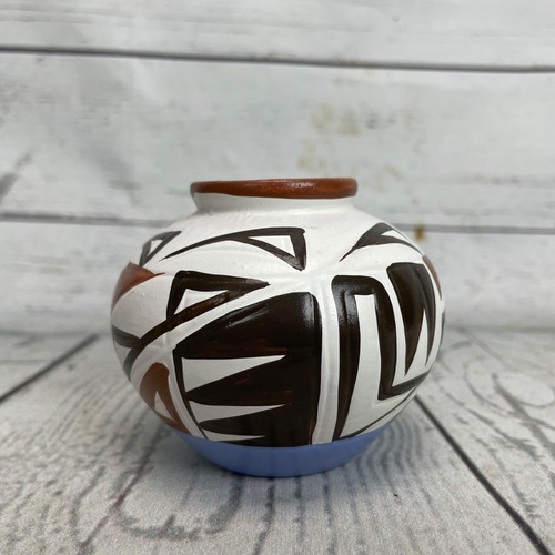 Vaso ceramica dipinto a mano piccola fioriera blu bianco marrone nero ciotola arte popolare - Foto 6 di 10